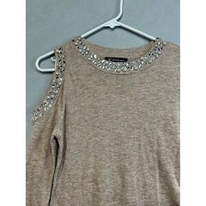INC Women's Beige One Cold Shoulder Embellished Beaded Sweater Size‎ XS